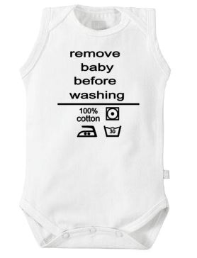 Babyromper bedrukken  'remove baby before washing'