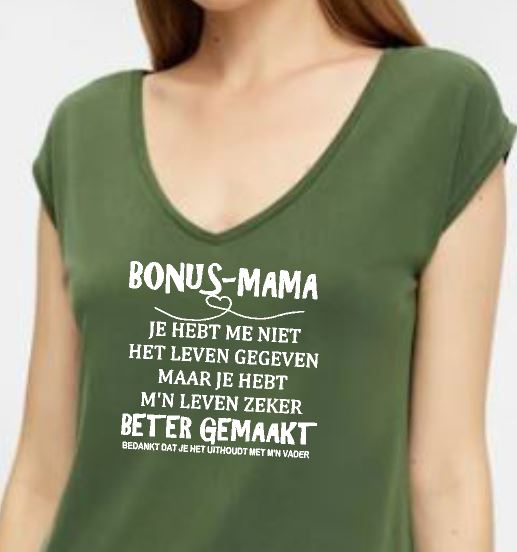 Verscherpen Aangepaste Onzorgvuldigheid Dames t-shirt met leuke tekst ' Bonus mama' - www.tekstkadoshop.nl