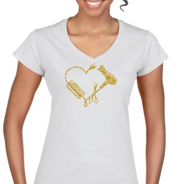 Dames t-shirt met kappersartikelen in hartvorm