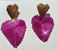 Dubbele hart oorbellen fuchia en goud