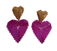 Dubbele hart oorbellen fuchia en goud